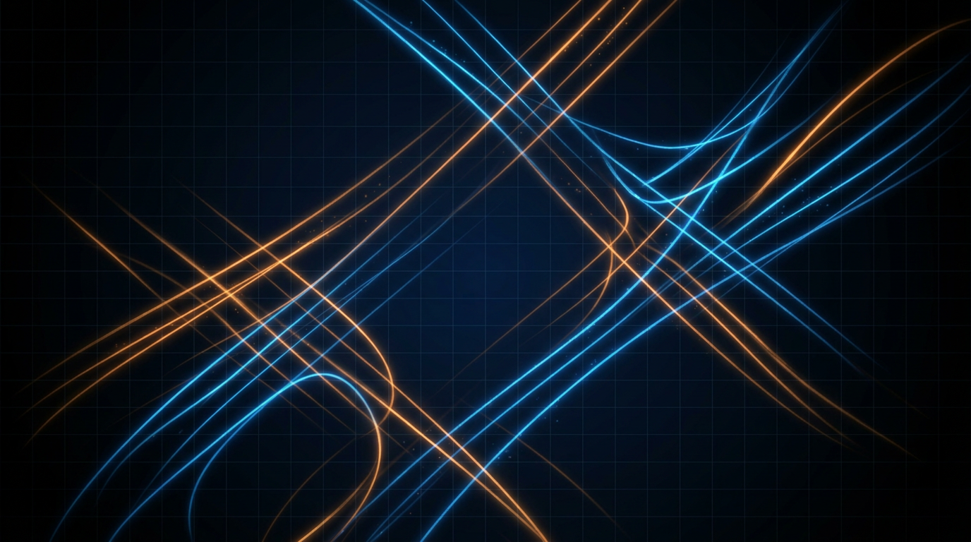 Abstract dark space with flowing electric blue and orange light traces suggesting fiber optic transmission paths, with soft glowing halos and faint geometric grid pattern.