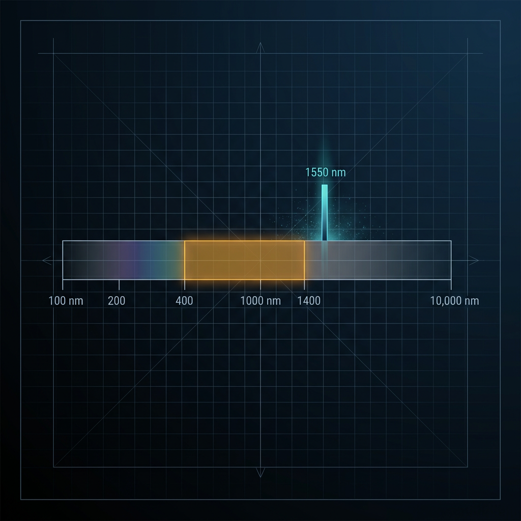 Electromagnetic spectrum diagram with horizontal wavelength scale from 100 nm to 10,000 nm, showing retinal hazard region (400–1400 nm) highlighted in amber and 1550 nm operating point marked in blue-green above it.