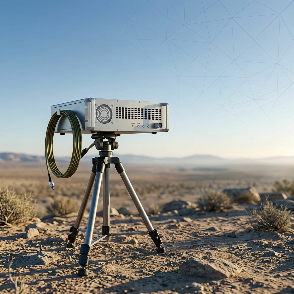 Compact optical sensing unit mounted on tripod in arid outdoor landscape with clear sky, demonstrating field-deployed 1550 nm fiber amplifier in remote terrain.