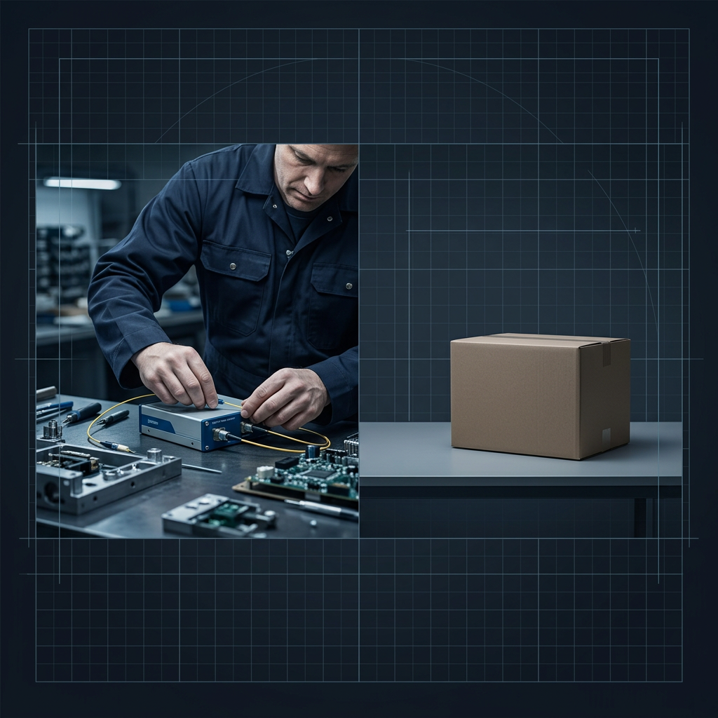 Split-screen comparison: left side shows engineer in navy coveralls assembling a 1550 nm fiber amplifier with precision tools on a dark workbench; right side shows an empty desk with a cardboard box, illustrating manufacturer versus reseller procurement distinction.