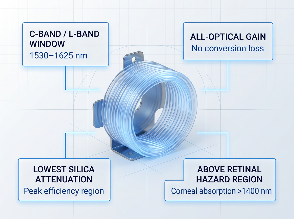 Glowing electric blue erbium-doped optical fibre coil at center with four labeled information containers positioned around it: C-band/L-band window (1530–1625 nm), all-optical gain (no conversion loss), lowest silica attenuation (peak efficiency region), and above retinal hazard region (corneal absorption >1400 nm). Connector lines link each container to the central fibre.