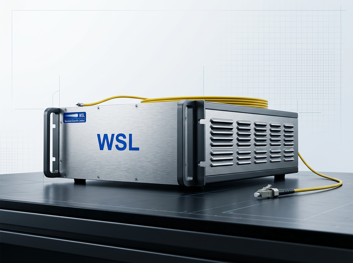 Compact 1550 nm fiber amplifier unit with brushed stainless steel chassis, front-panel WSL logo, horizontal air-cooling vents on right side, and yellow fiber optic delivery cable with connector exiting from top rear.