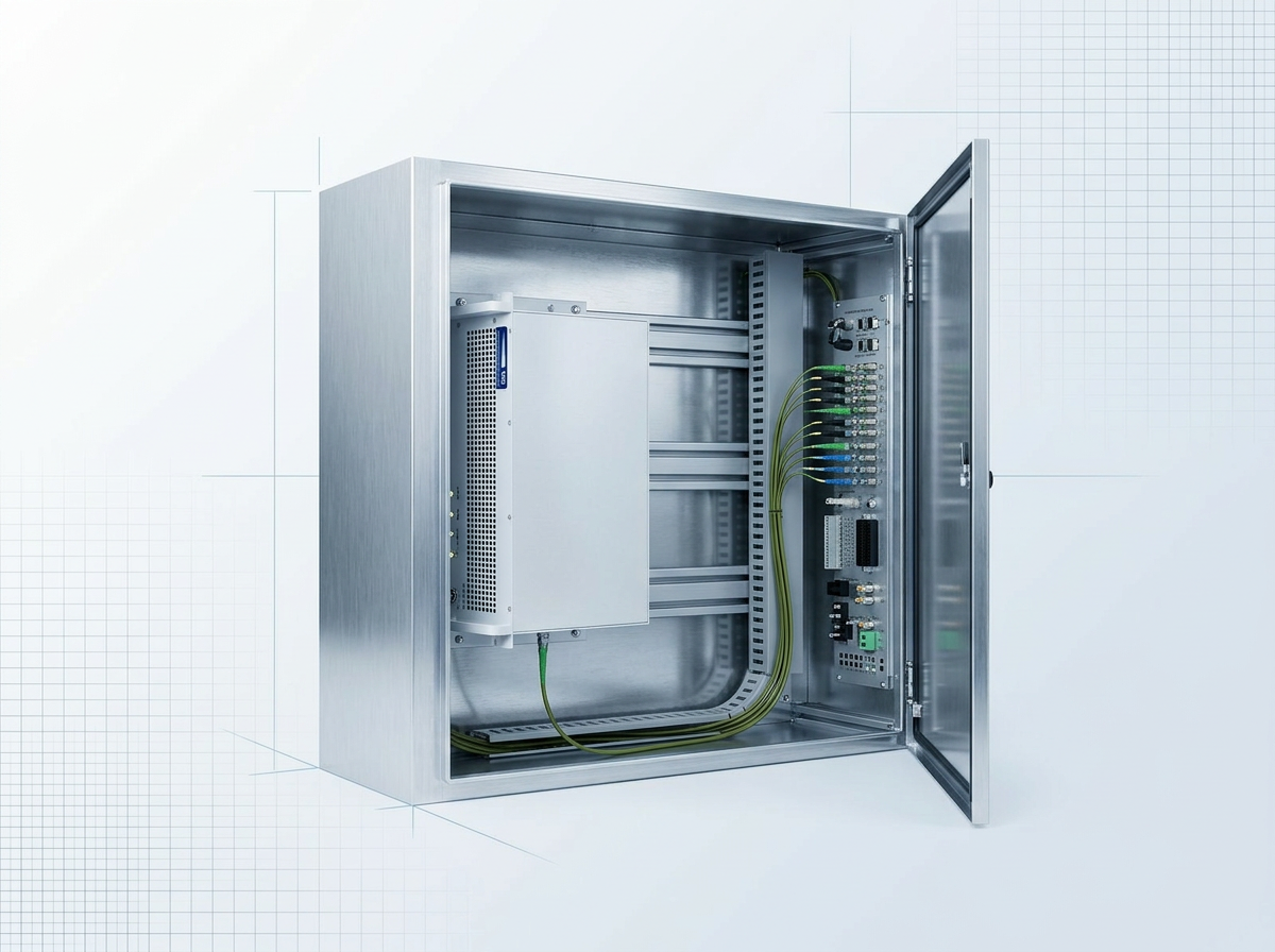 Custom 1550 nm fiber amplifier module mounted within an open aluminum system enclosure, showing internal cable routing, control interfaces, and precision mechanical integration.