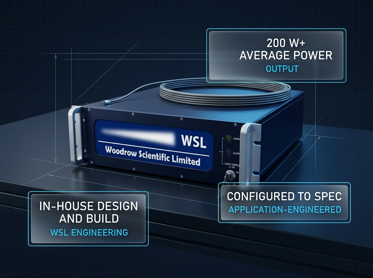 1550 nm fiber amplifier unit with dark navy chassis and WSL logo, positioned in dark technical environment with three informational badges displaying 200 W+ average power, configured to spec, and in-house design and build credentials.
