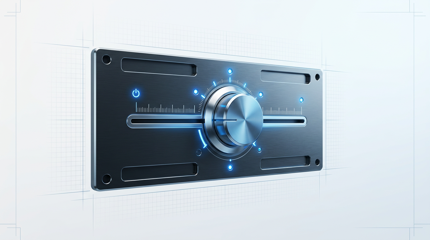 Precision instrument panel with horizontal slider control spanning 0 to 100% scale, illuminated indicators glowing electric blue, mounted on dark brushed metal faceplate.