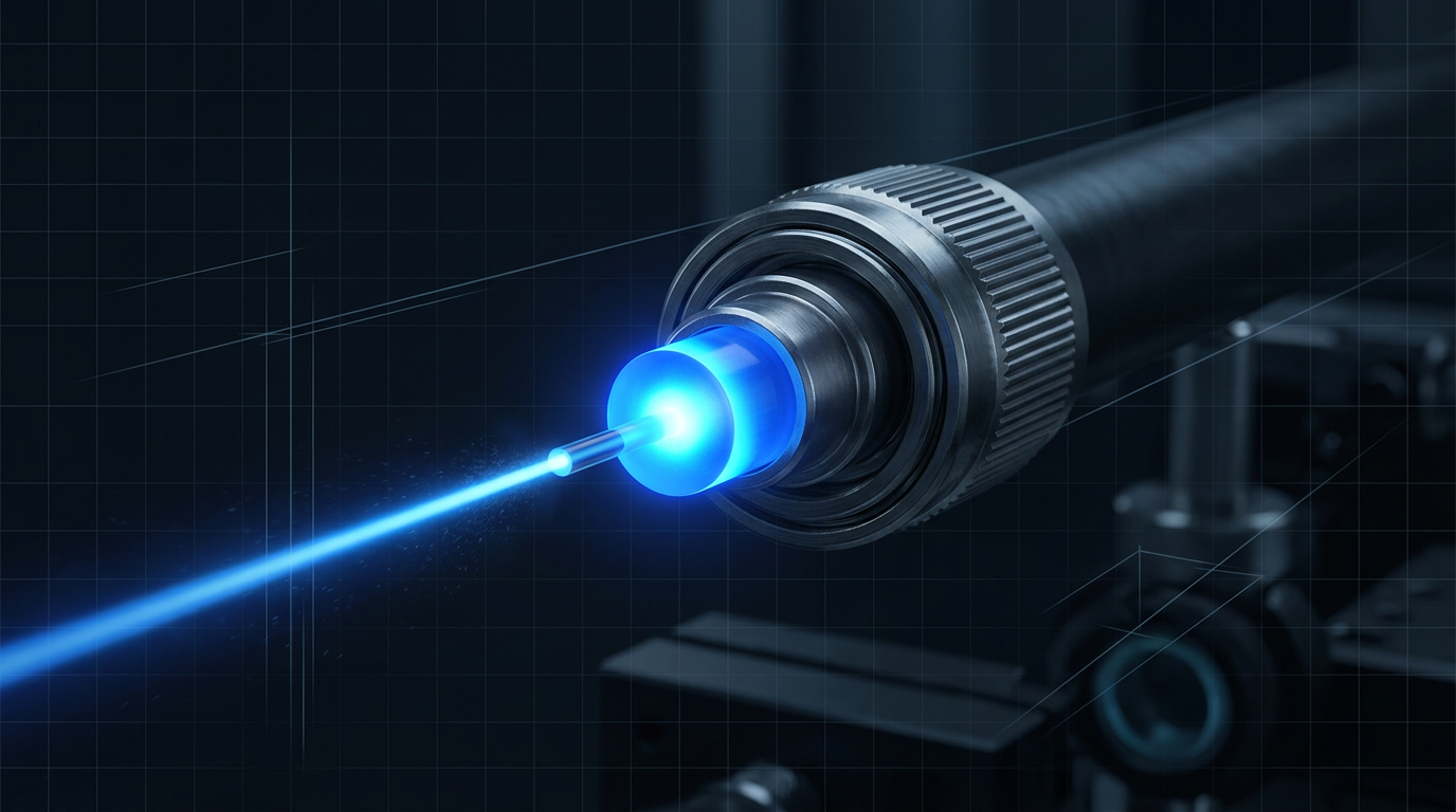 Fiber optic cable tip glowing with intense electric blue light, representing 1550 nm laser output at high power, emerging from a precision metal ferrule connector against a dark technical background.