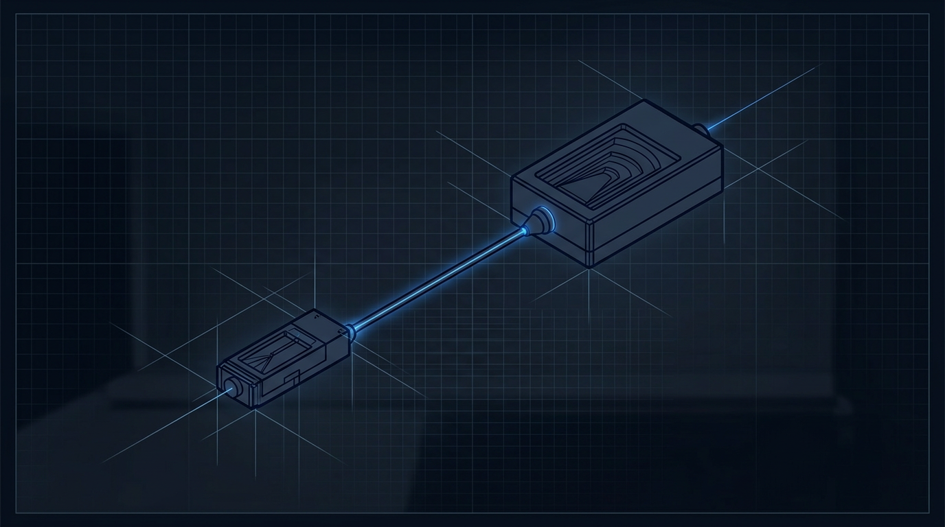 Technical schematic of MOPA architecture showing master oscillator stage connected via fiber optic path to power amplifier stage, rendered in dark navy linework with electric blue signal path highlighting.