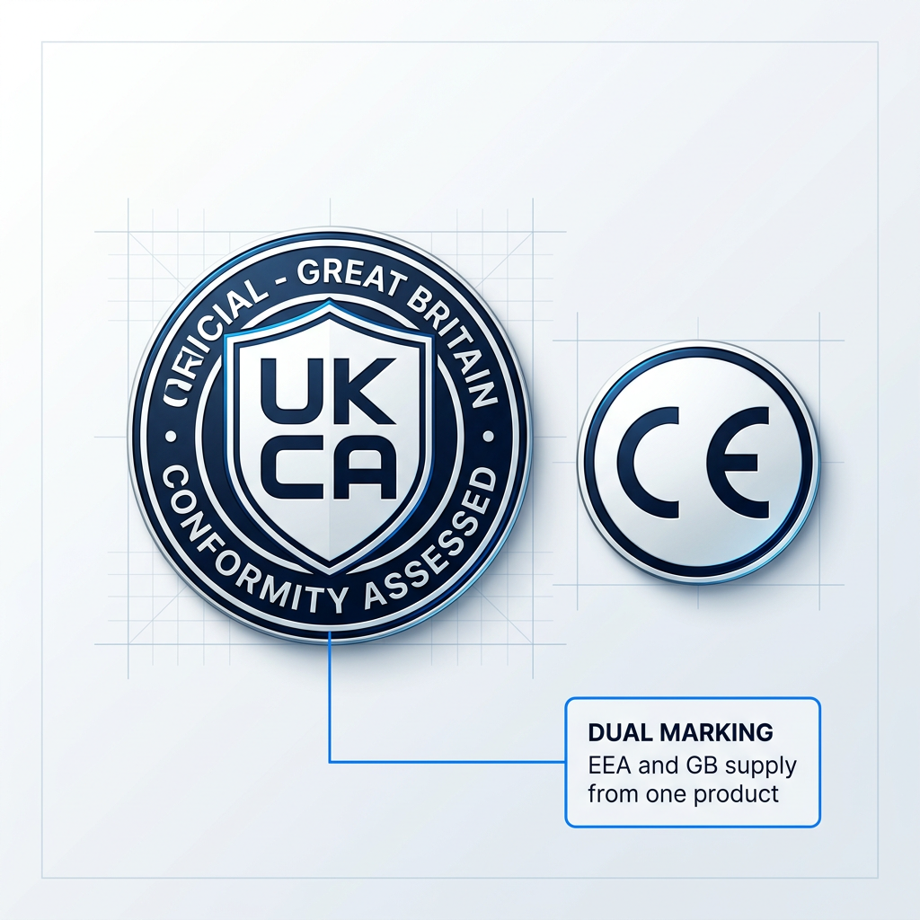 UKCA and CE certification badges displayed side-by-side on technical background with connector line and callout label for dual marking compliance.