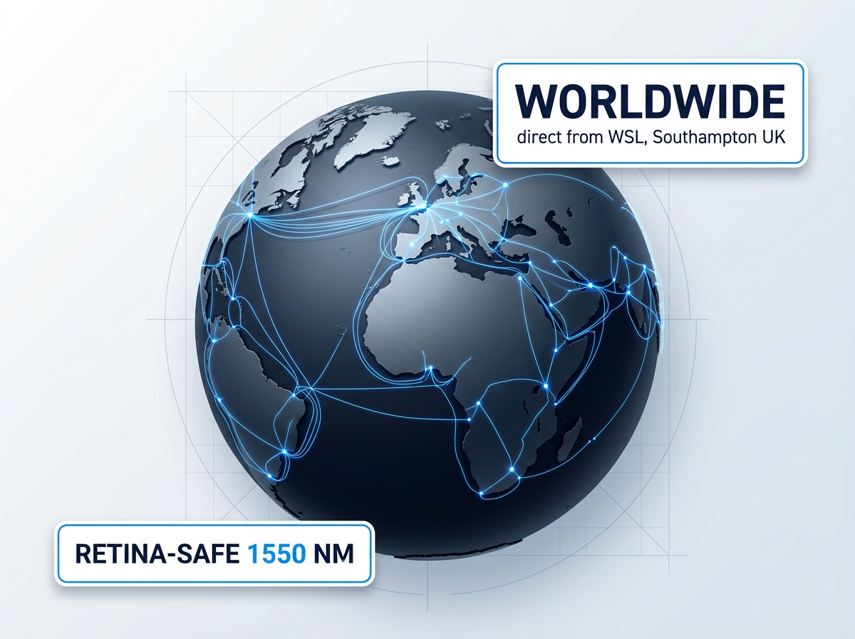 Global map with electric blue fiber-optic network overlay showing international connection points and routes, with callout badges indicating worldwide supply from Southampton UK and retina-safe 1550 nm wavelength specification.