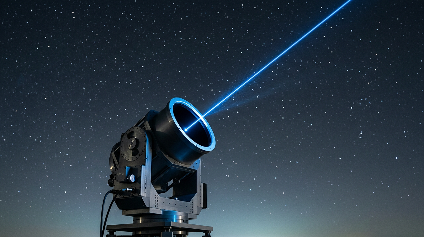 Ground-station optical terminal with large telescope aperture directed skyward, electric blue laser beam rising through dark starry night sky, precision mechanical platform with control systems visible at base.
