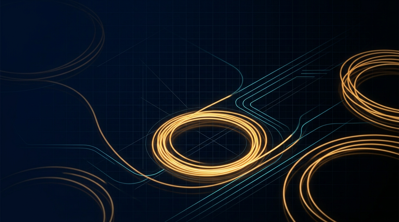 Dark navy-to-black background with glowing amber-gold erbium-doped optical fibres coiled through the frame and cool blue-green laser light paths tracing across, brightest at centre-lower region.