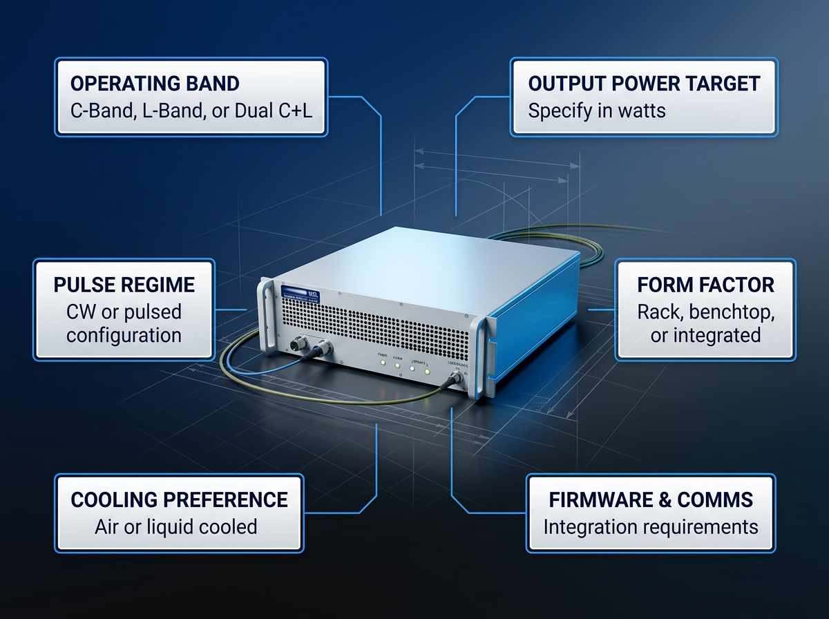 1550 nm fiber amplifier unit centered on dark engineering background with six specification badges arranged around it listing operating band, output power target, pulse regime, form factor, cooling preference, and firmware requirements.