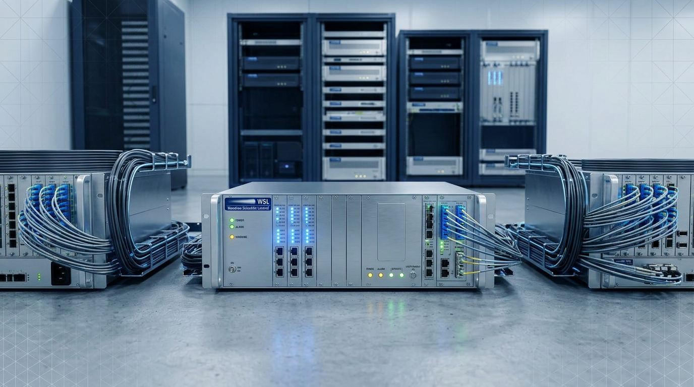 Rack-mounted fibre amplifier unit with WSL logo in network equipment room, dense fibre patch cables connected to adjacent chassis, indicator lights glowing on front panel.