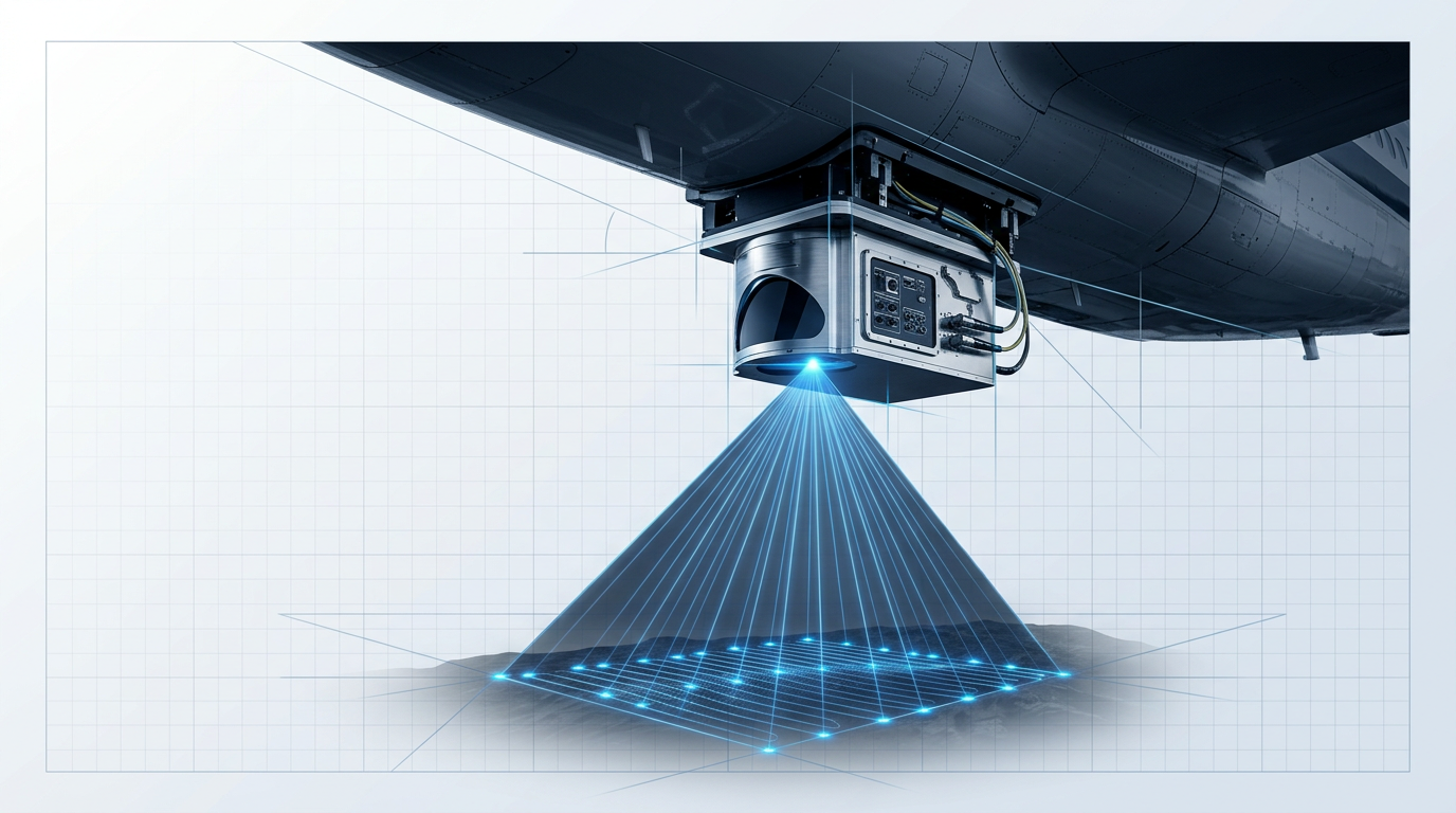 Airborne LiDAR sensor mounted beneath aircraft fuselage with electric blue scanning beams fanning downward toward terrain surface, demonstrating 1550 nm remote sensing.