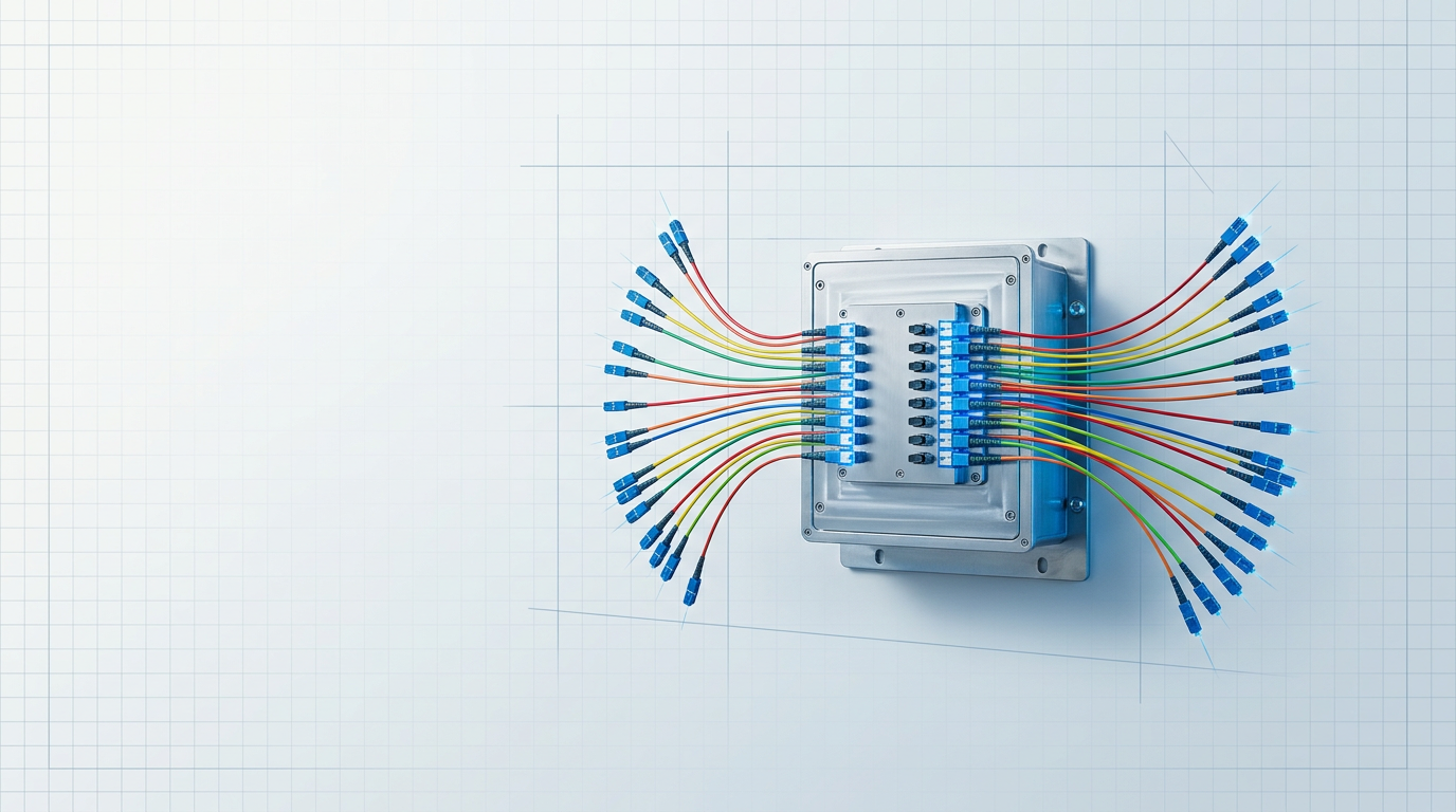 Fibre-optic PON splitter cabinet with colour-coded cables fanning outward in red, yellow, green, blue, and orange, mounted on a light surface against a clean technical gradient background.