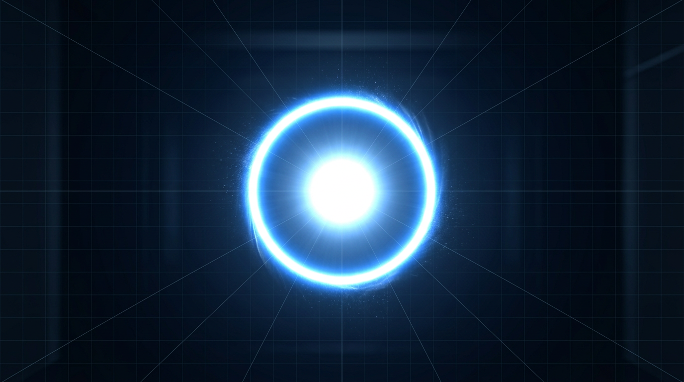 Brilliant white-blue optical beam cross-section at maximum intensity against dark engineering environment, showing intense core with electric blue radiance and subtle particle distortion at edges.