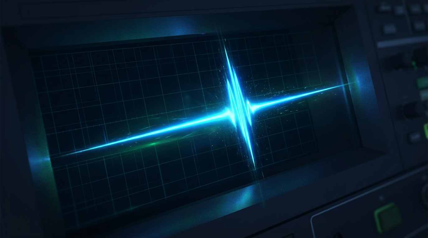 Sharp blue-green optical pulse waveform glowing with concentrated energy against a dark instrument panel background, representing high-power 1550 nm fiber amplifier output.