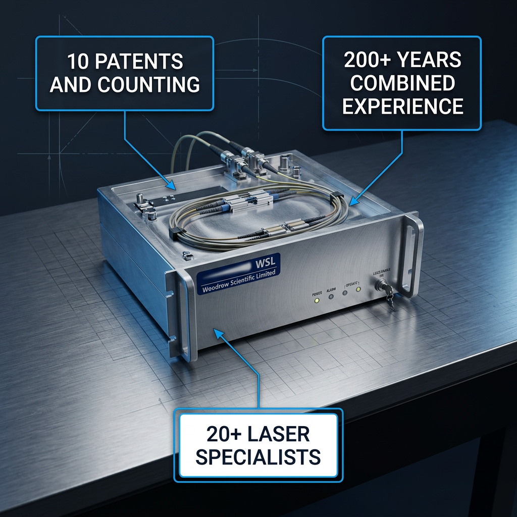 Fiber amplifier assembly on precision workbench with WSL logo visible, fiber optic connectors and cables, three white badge overlays reading '10 Patents and Counting', '200+ Years Combined Experience', and '20+ Laser Specialists'