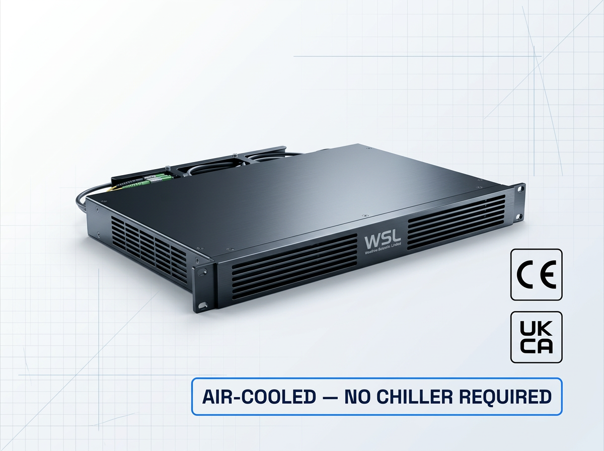 Compact dark-finished EDFA unit with horizontal air-cooling vents, positioned at three-quarter angle with CE and UKCA certification badges stacked to the right, and callout label reading 'Air-cooled — no chiller required' below.