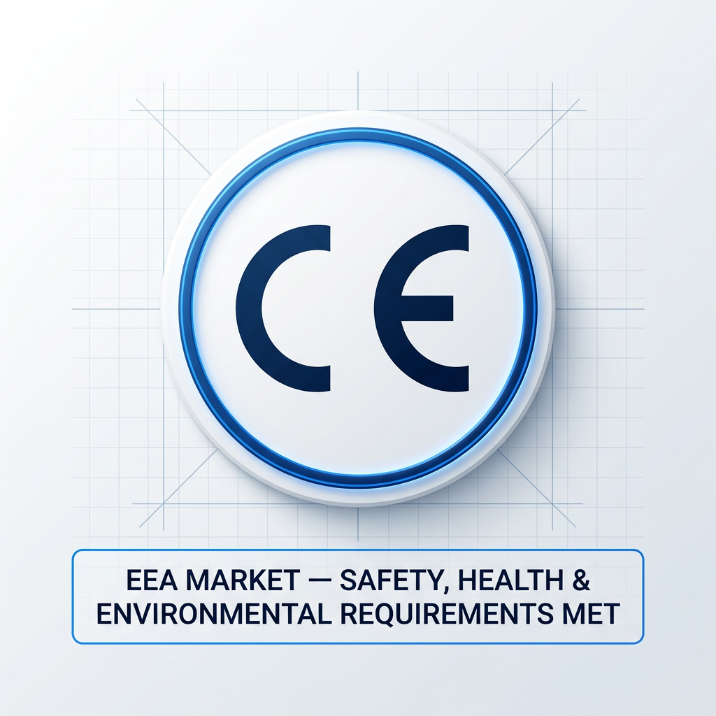 CE marking badge with deep navy letters centered in electric blue-bordered circle, white background, positioned above informational label on light grey technical grid background.