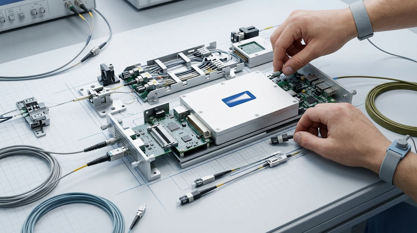 Woodrow Scientific EDFA fiber amplifier module at centre of workbench surrounded by fiber connectors, control electronics, and integration hardware in a precision laboratory setting.