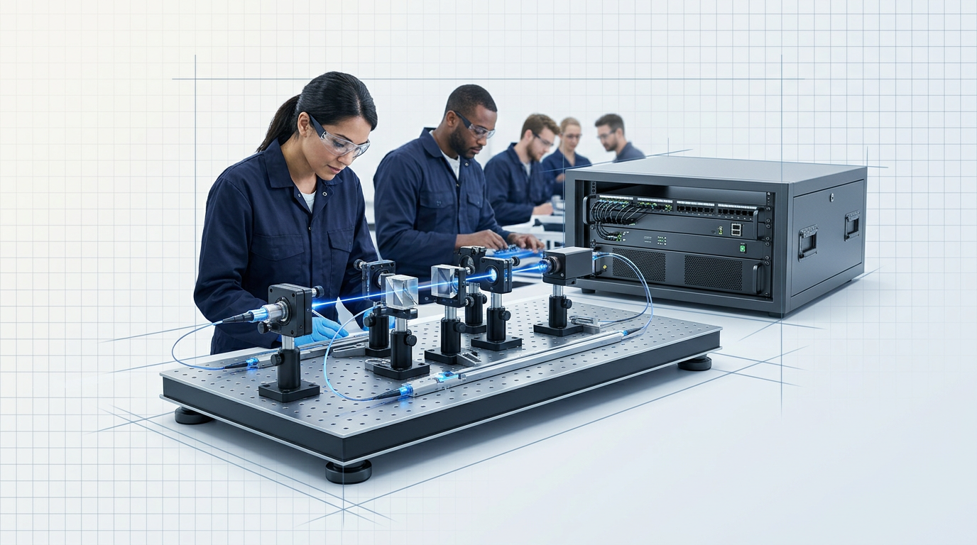Precision optical bench with fibre-coupled components, beamsplitters, and single-photon detectors in a bright laboratory, with a rack-mounted communications unit visible in the background and engineers working at the setup.