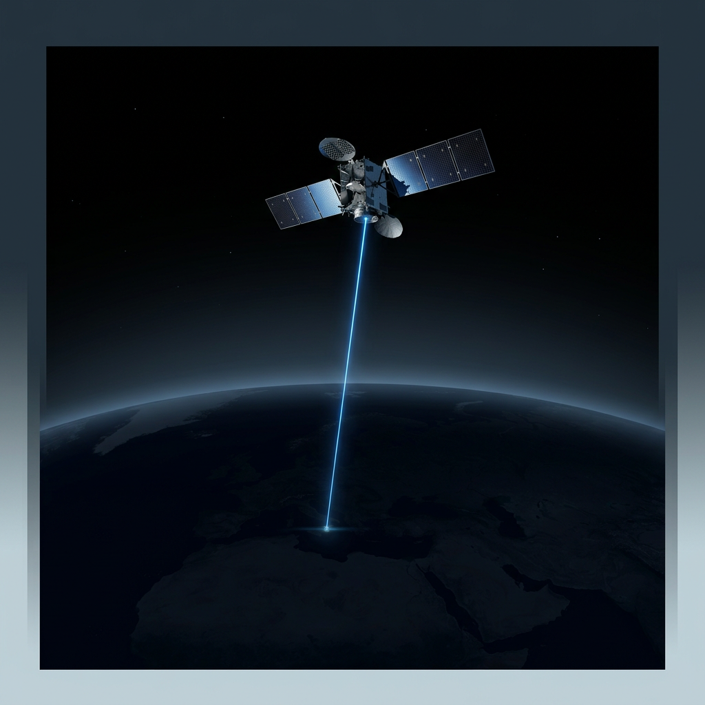 Satellite in low Earth orbit above darkened planet surface with electric blue optical beam connecting to ground station below, conveying fiber amplifier support for space programmes.