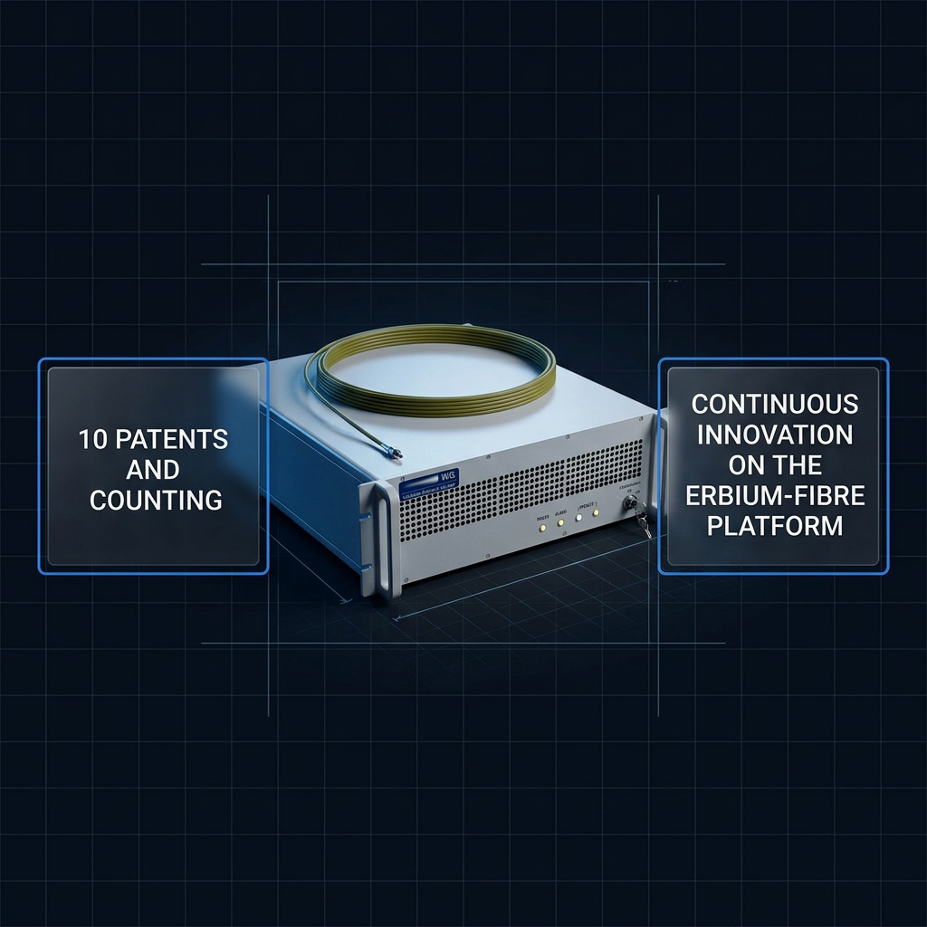 WSL fibre amplifier component with visible fibre delivery cable, centered on dark engineering background with geometric grid pattern. Two informational badges flank the unit: '10 PATENTS AND COUNTING' on left, 'CONTINUOUS INNOVATION ON THE ERBIUM-FIBRE PLATFORM' on right.