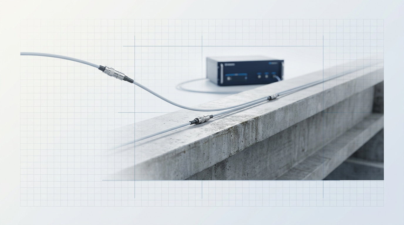 Fiber-optic sensing cable laid along a large concrete structural beam with a monitoring unit visible in the background, illustrating distributed acoustic sensing for structural health monitoring.