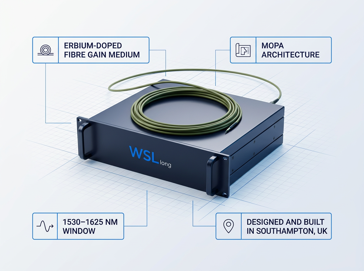 Custom EDFA fibre amplifier unit with dark navy chassis and WSL logo, centered on light technical background with four labeled callouts identifying key specifications: erbium-doped fibre gain medium, MOPA architecture, 1530–1625 nm wavelength window, and Southampton UK manufacture.