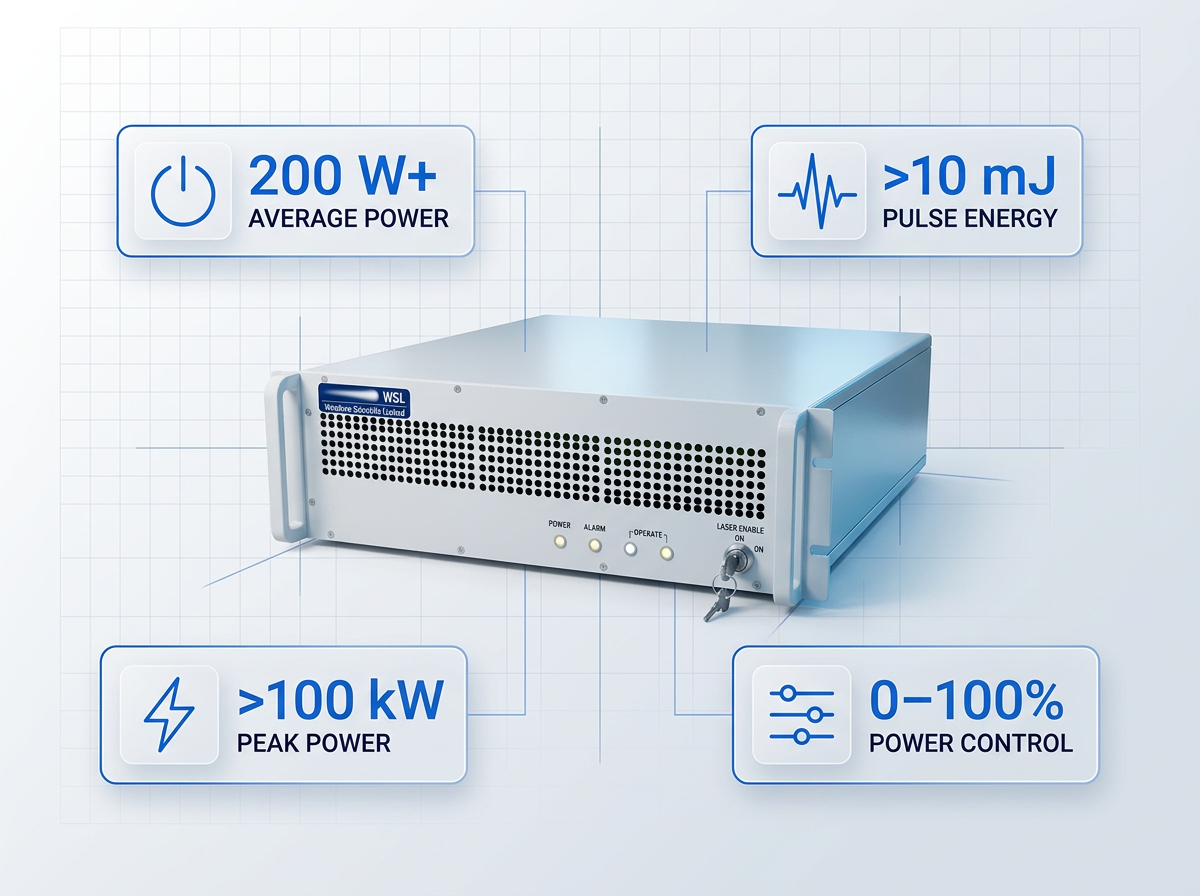 1550 nm fiber amplifier with four stat badges displaying 200 W+ average power, >10 mJ pulse energy, >100 kW peak power, and 0–100% power control on a light technical background.