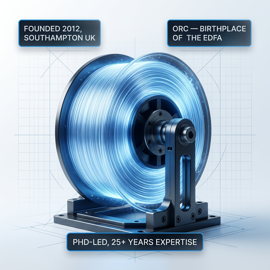 Glowing erbium-doped fibre coil mounted on dark technical stand, emitting electric blue luminescence, centered on light gradient background with three informational badges displaying founding location, EDFA heritage, and expertise credentials.