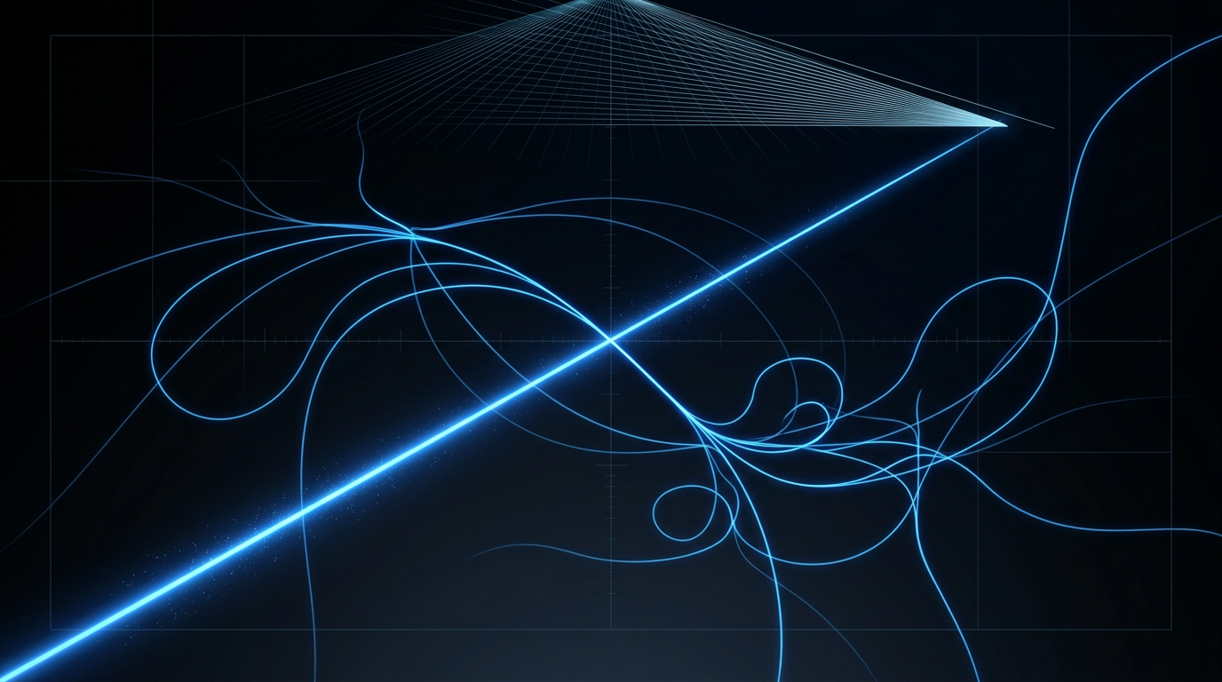 Deep space background with glowing electric blue optical fibre paths curving through darkness, an uplink beam rising diagonally toward upper right, and faint LiDAR scan lines fanning outward from top.
