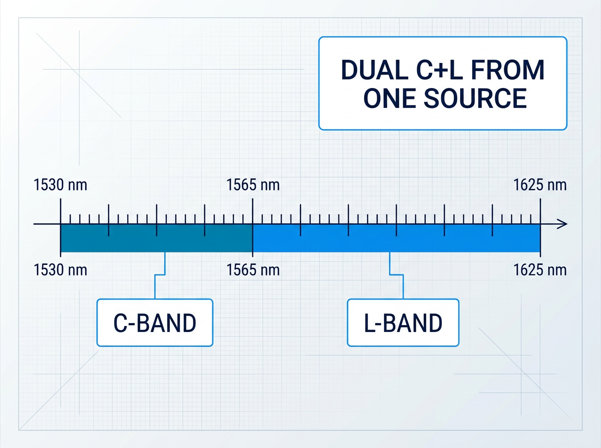 Wavelength band diagram showing C-band (1530–1565 nm) in cyan and L-band (1565–1625 nm) in electric blue across the 1530–1625 nm erbium-fibre window, with labelled regions and a callout badge reading 'Dual C+L from one source.'