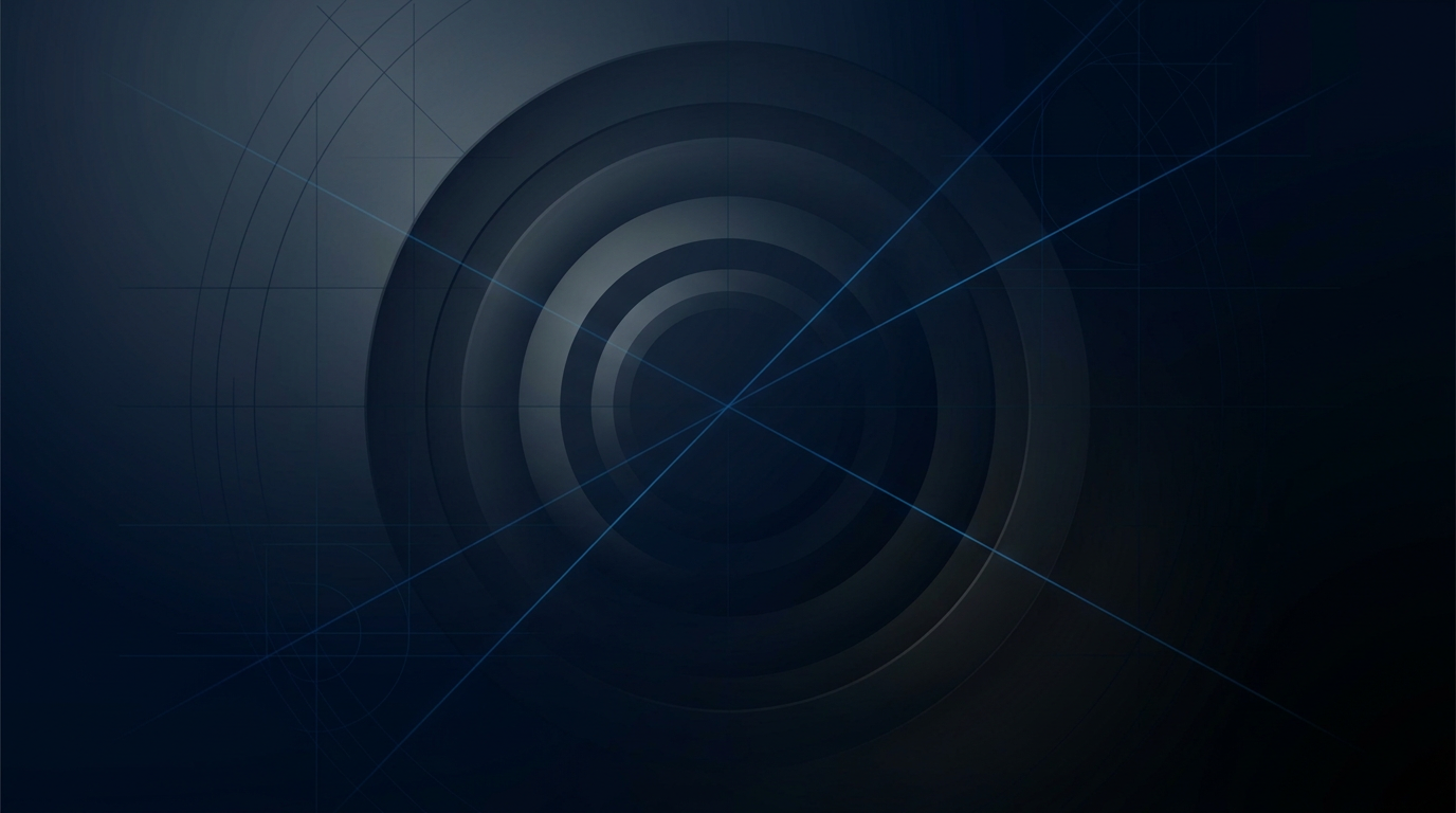 Dark industrial abstract background with deep navy gradient, subtle concentric lens elements in steel tones, and thin electric blue diagonal light beam traces suggesting precision laser technology internals.