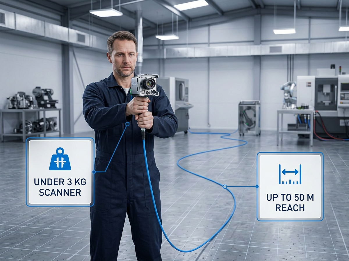 Operator in navy coveralls holding compact ELASER handheld scanner with electric blue delivery cable extending across industrial warehouse floor toward power unit in background, with overlay labels indicating scanner weight and cable reach specifications.