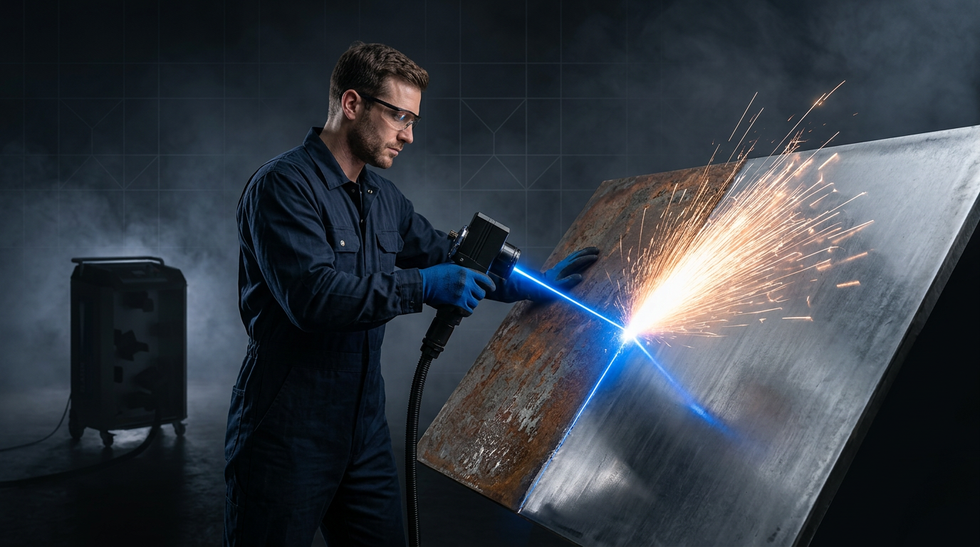 Industrial technician in dark workshop holding handheld laser scanner aimed at steel surface, with bright blue laser beam and orange-white ablation plume rising from contact point, clean bare metal visible on right side contrasting with rust on left.