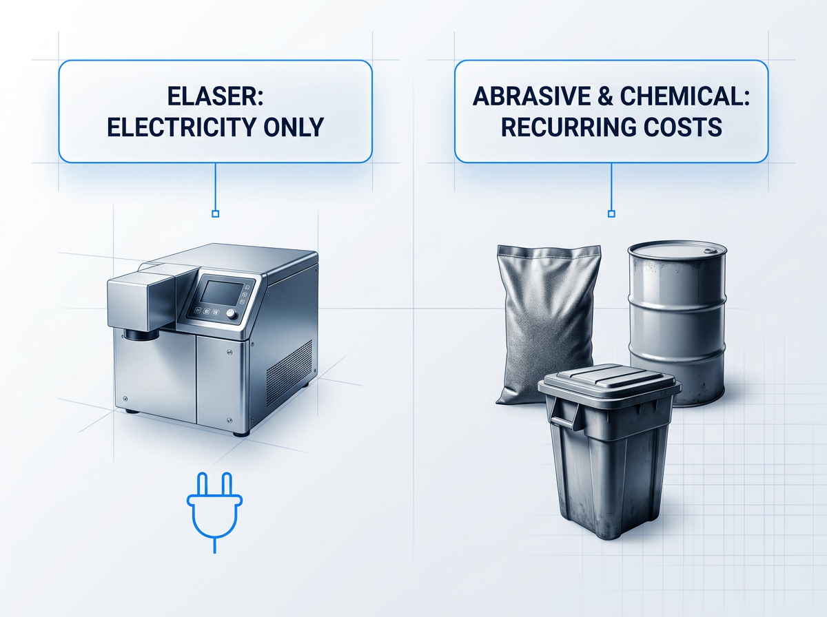Split-column cost comparison: left side shows ELASER laser cleaning machine with single power plug icon labeled 'Electricity Only'; right side displays abrasive media bag, chemical drum, and disposal container labeled 'Recurring Costs'.