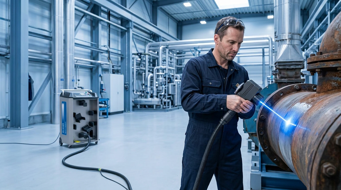 Industrial technician in navy coveralls using handheld laser scanner on large factory equipment, with extended fiber cable trailing across warehouse floor during active cleaning operation.