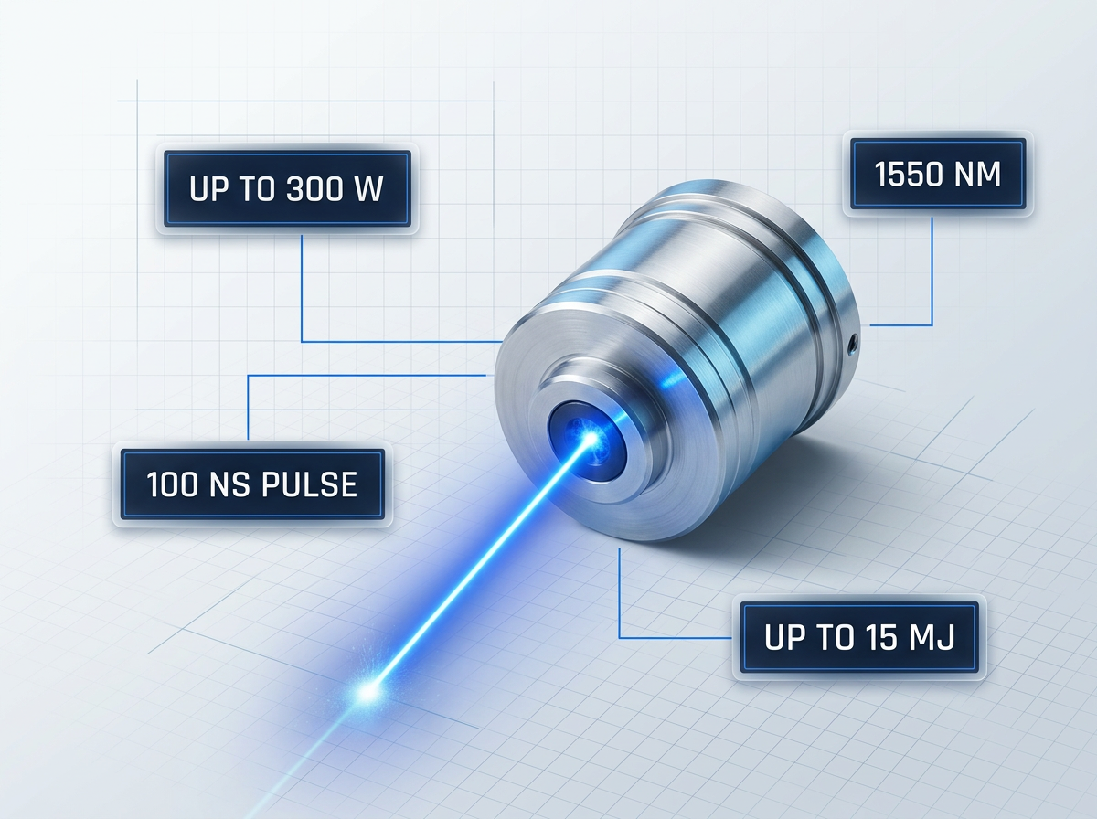 Close-up of industrial fiber laser source emitting focused electric blue 1550 nm beam with specification badges: 300W max power, 100 ns pulse duration, 15 mJ pulse energy.