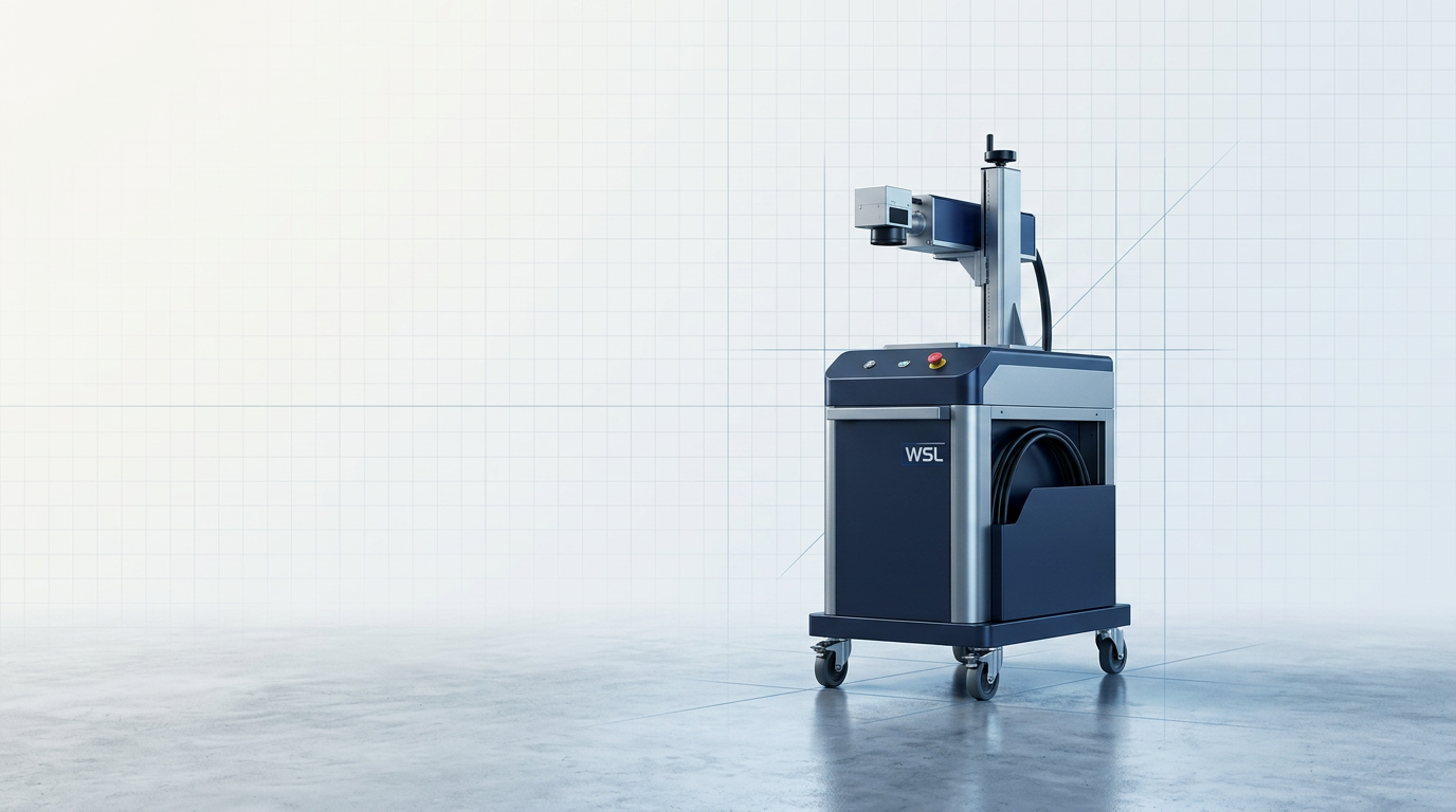 ELASER 200W pulsed laser cleaning machine on wheeled base in bright industrial workspace, compact self-contained unit with integrated fiber cable and no visible support infrastructure.