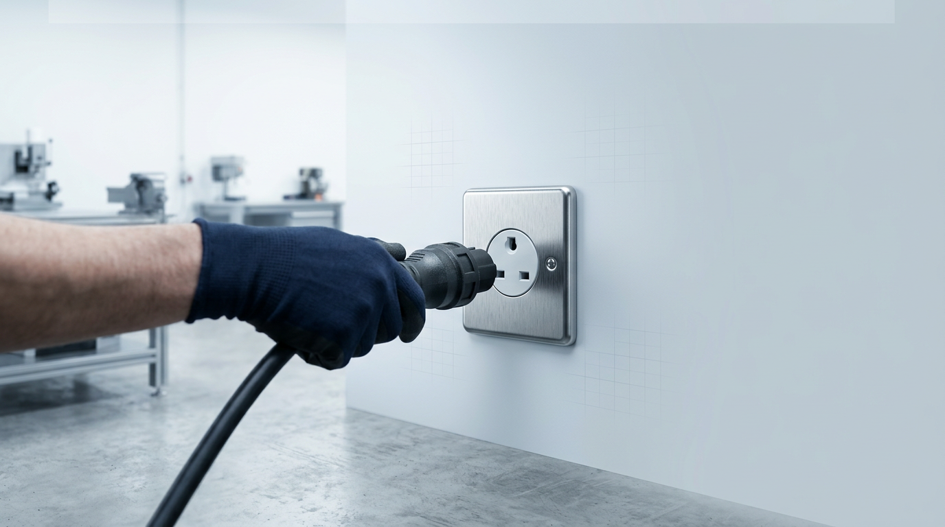 Technician in dark work glove inserting power connector into standard single-phase industrial wall socket mounted on light grey workshop wall, demonstrating straightforward plug-and-play power connection.