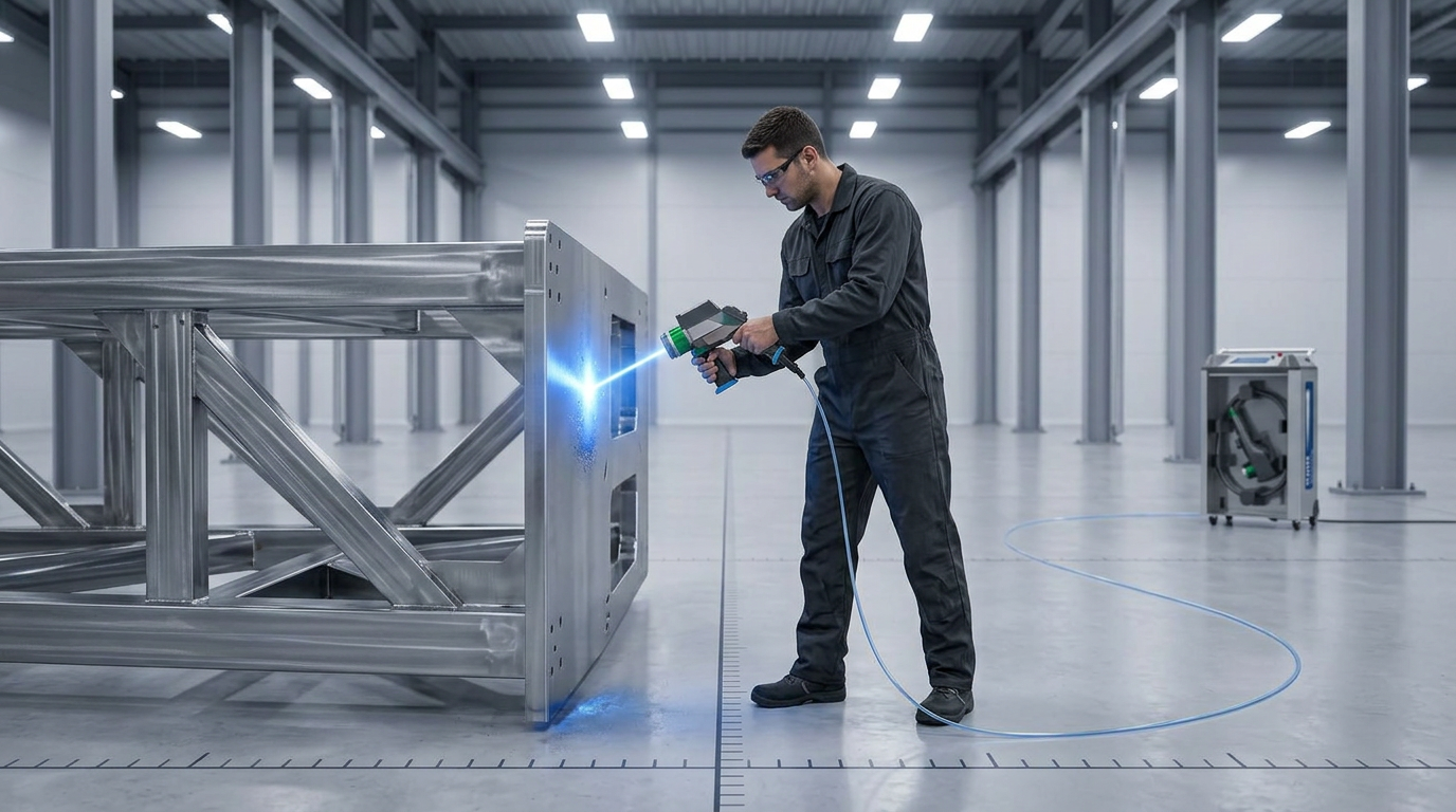 Industrial technician in coveralls operating a handheld laser scanner on a metal structure, with a fiber optic cable extending 50 meters across a bright warehouse floor to a wheeled ELASER source unit in the background.