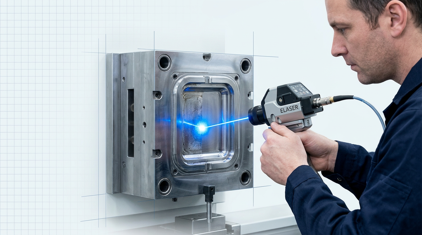 Technician using ELASER laser scanner on precision injection mould cavity, with electric blue laser beam cleaning residue and release agent buildup from tool steel surface in-situ.