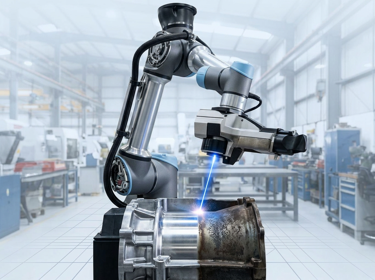 Articulated industrial robotic arm with mounted laser cleaning head positioned over a metal component, showing stark contrast between oxidized and cleaned surfaces with electric blue laser contact point.