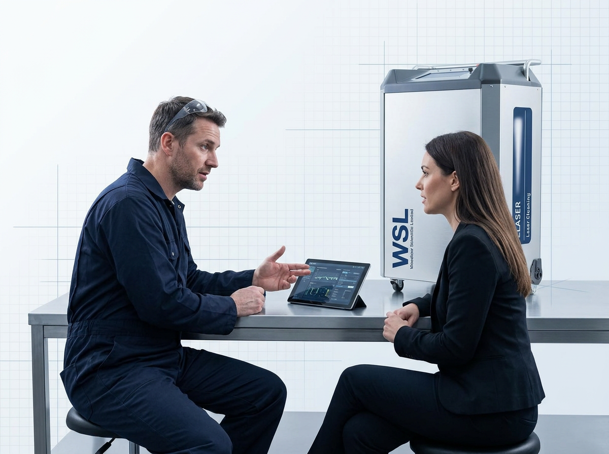 Professional engineer in navy coveralls discussing laser cleaning specifications with prospective buyer at workbench; ELASER machine visible in background.