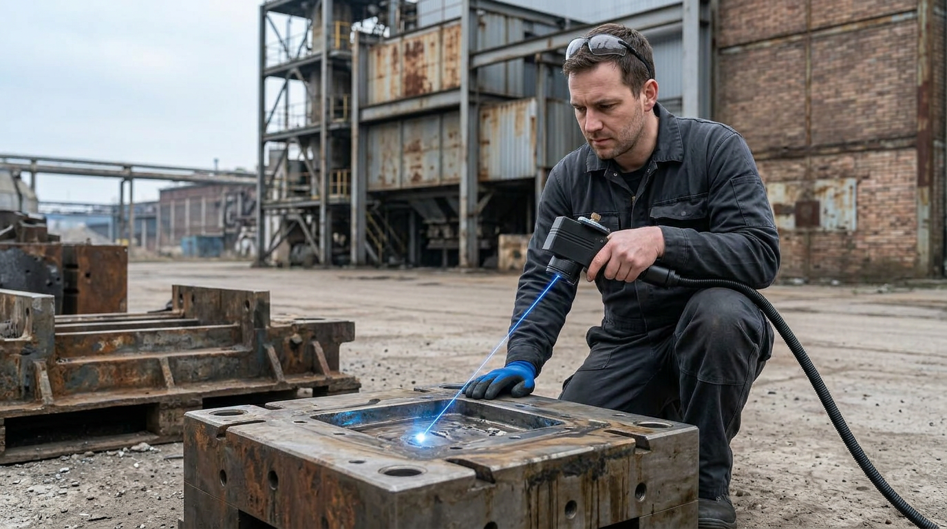 Operator in dark coveralls holding ELASER laser scanner directed at corroded metal surface outdoors, with electric blue laser line visible at contact point and fiber cable extending off-frame.