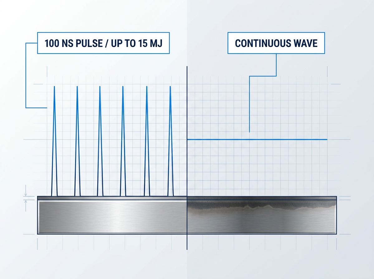 Split-composition technical illustration comparing pulsed laser (100 ns bursts, left) versus continuous wave laser (right) energy profiles, with metal surface cross-sections below showing clean contaminant removal on pulsed side and heat-affected zone damage on continuous wave side.