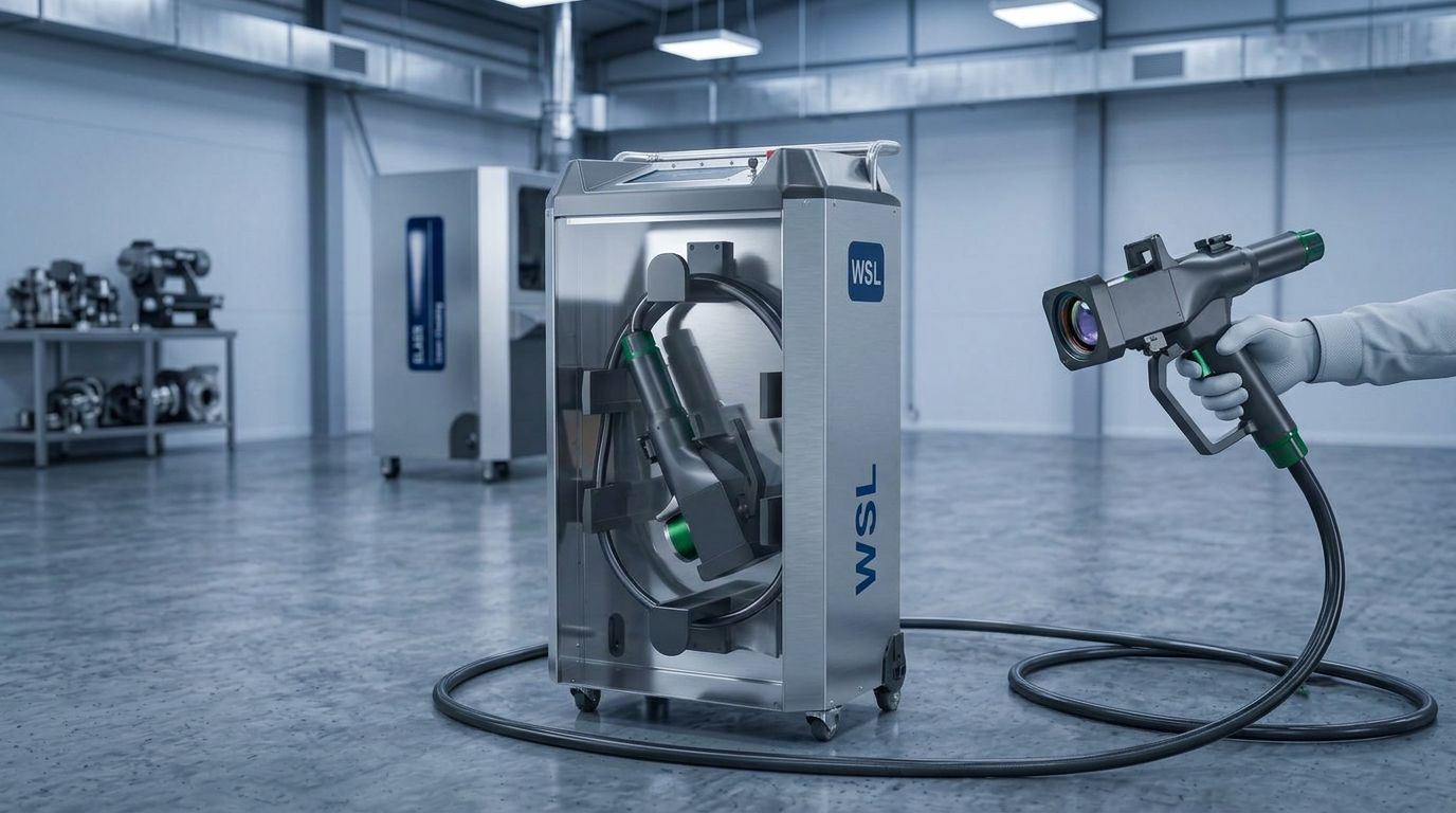 ELASER portable laser cleaning system in industrial workshop: wheeled unit with control panel on left, extended fibre cable routed across floor to handheld scanner on right, both rendered with precise mechanical detail and cool directional lighting.