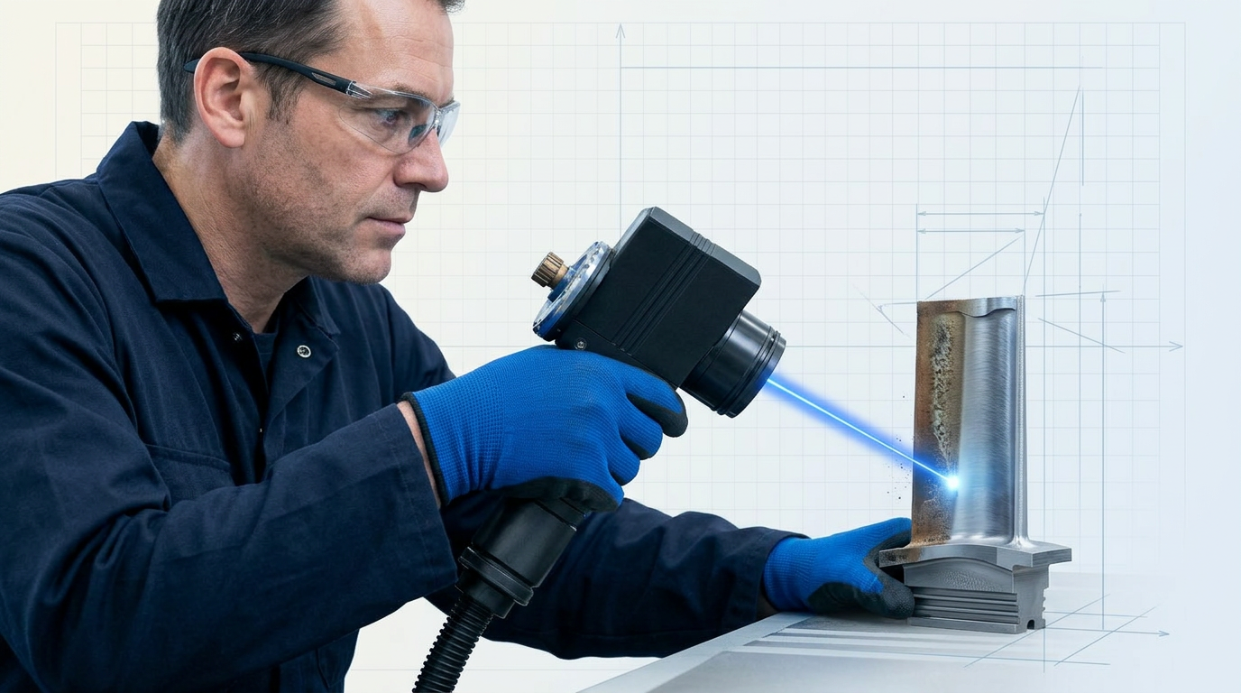 Engineer in navy coveralls using handheld laser scanner on aerospace turbine blade, with electric blue laser beam cleaning oxidized surface to bare metal in bright workshop.